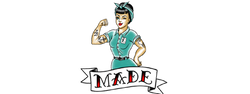 Made by Millworks Logo featuring an modern, American-traditional tattoo styled Rosie the Riveter. 
