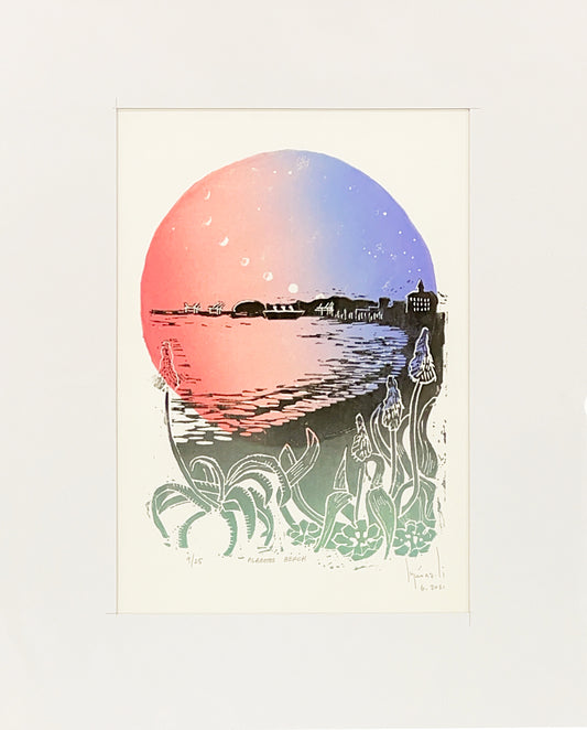 Alamitos Beach Linoleum Block Print by Lynn Azali