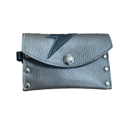 Adriane Handmade Leather Card Case with Lightning Bolt Pewter