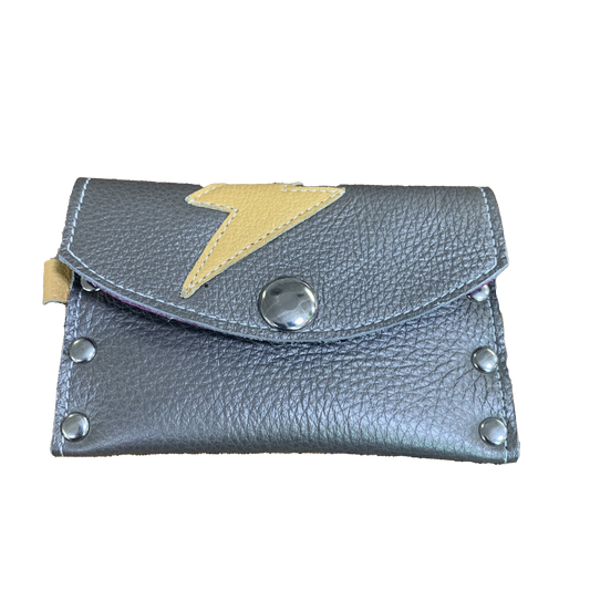 Adriane Handmade Leather Card Case with Lightning Bolt Silver
