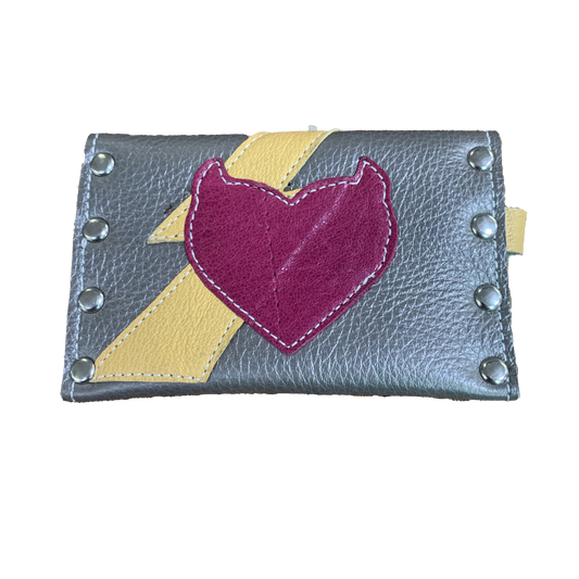 Adriane Handmade Leather Card Case with Lightning Bolt Silver