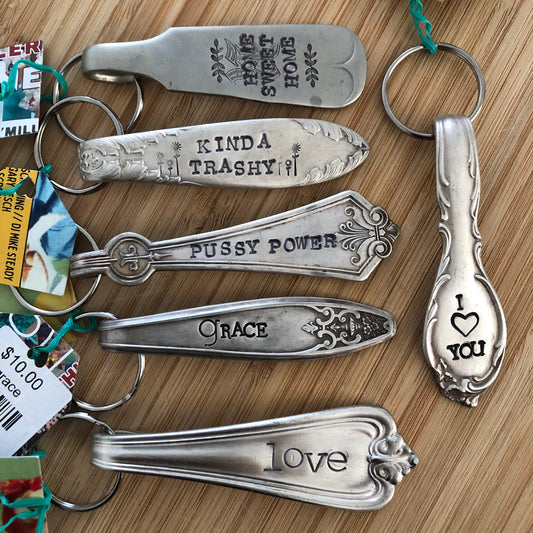 Hand Stamped Recycled Silverware Key Chain Collection